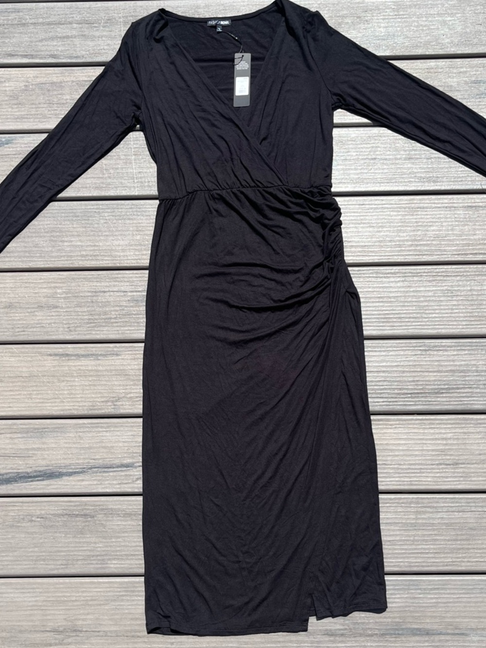 Fashion Nova; Claire Ruched; Long Sleeve; Midi Faux Wrap Dress; Side Slit; NWT